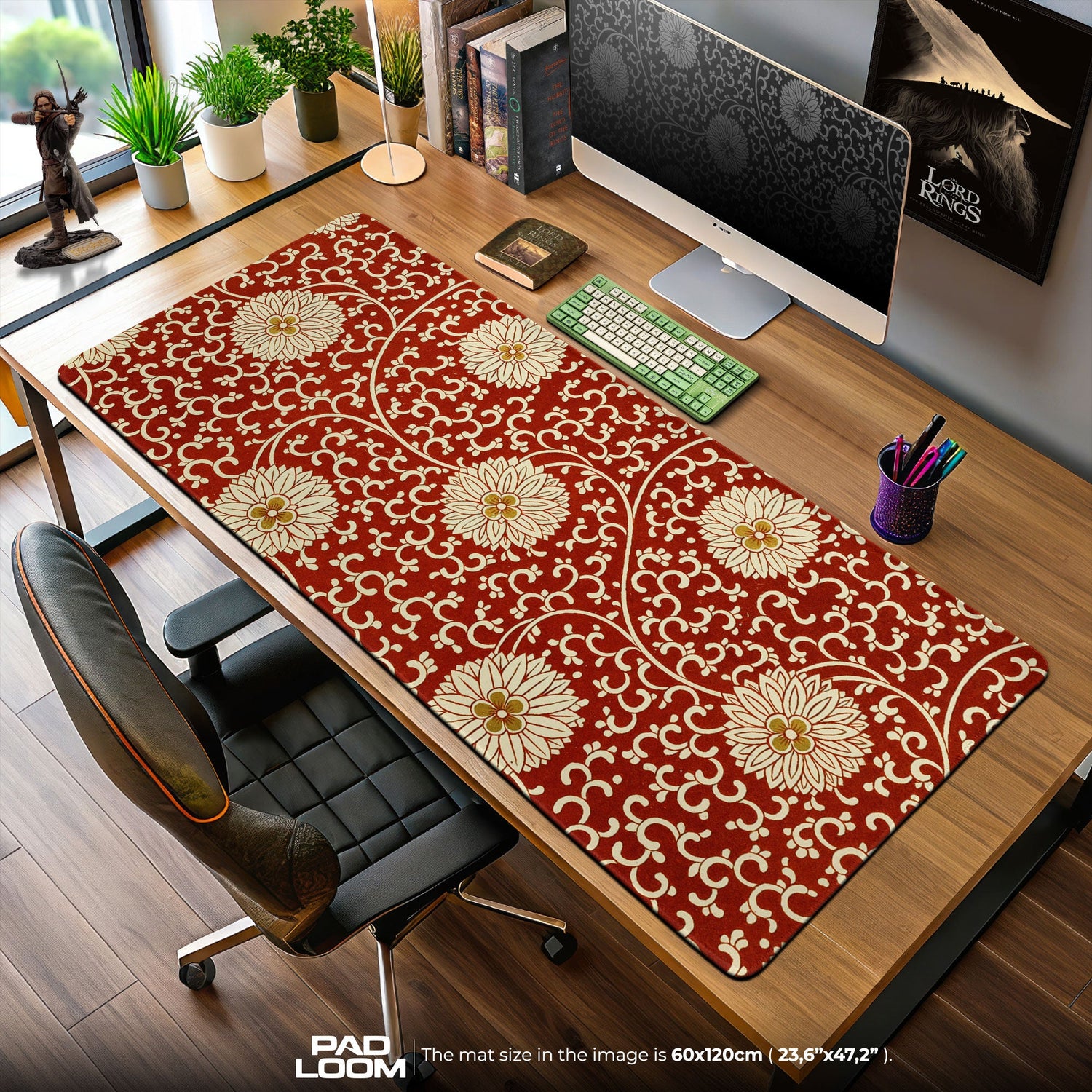 Crimson Bloom Mouse Pad, Vintage Floral Gaming Desk Mat Padloom