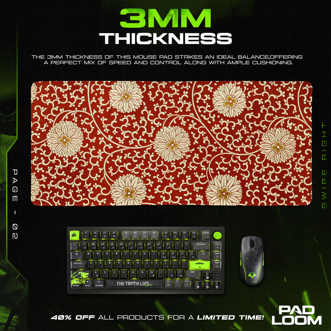 Crimson Bloom Mouse Pad, Vintage Floral Gaming Desk Mat
