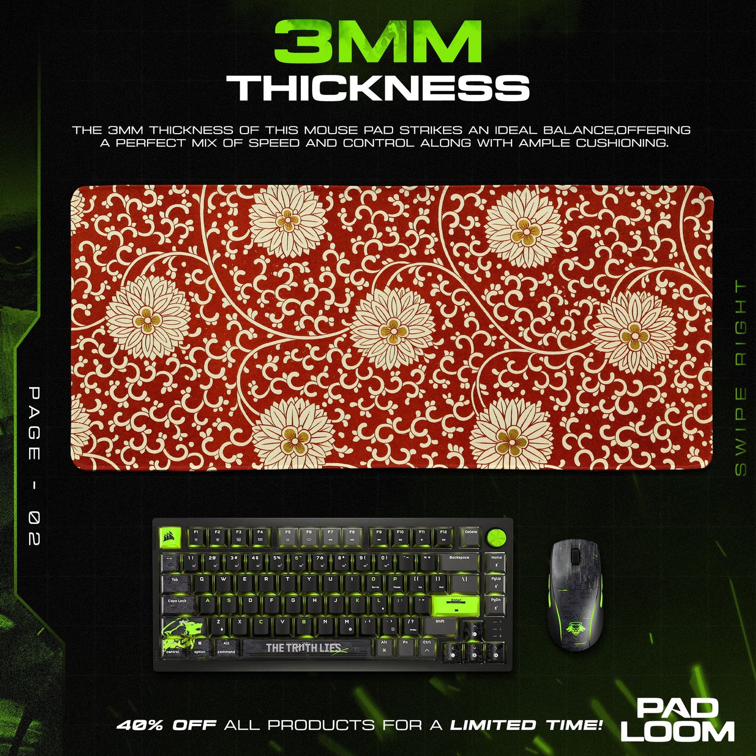 Crimson Bloom Mouse Pad, Vintage Floral Gaming Desk Mat Padloom