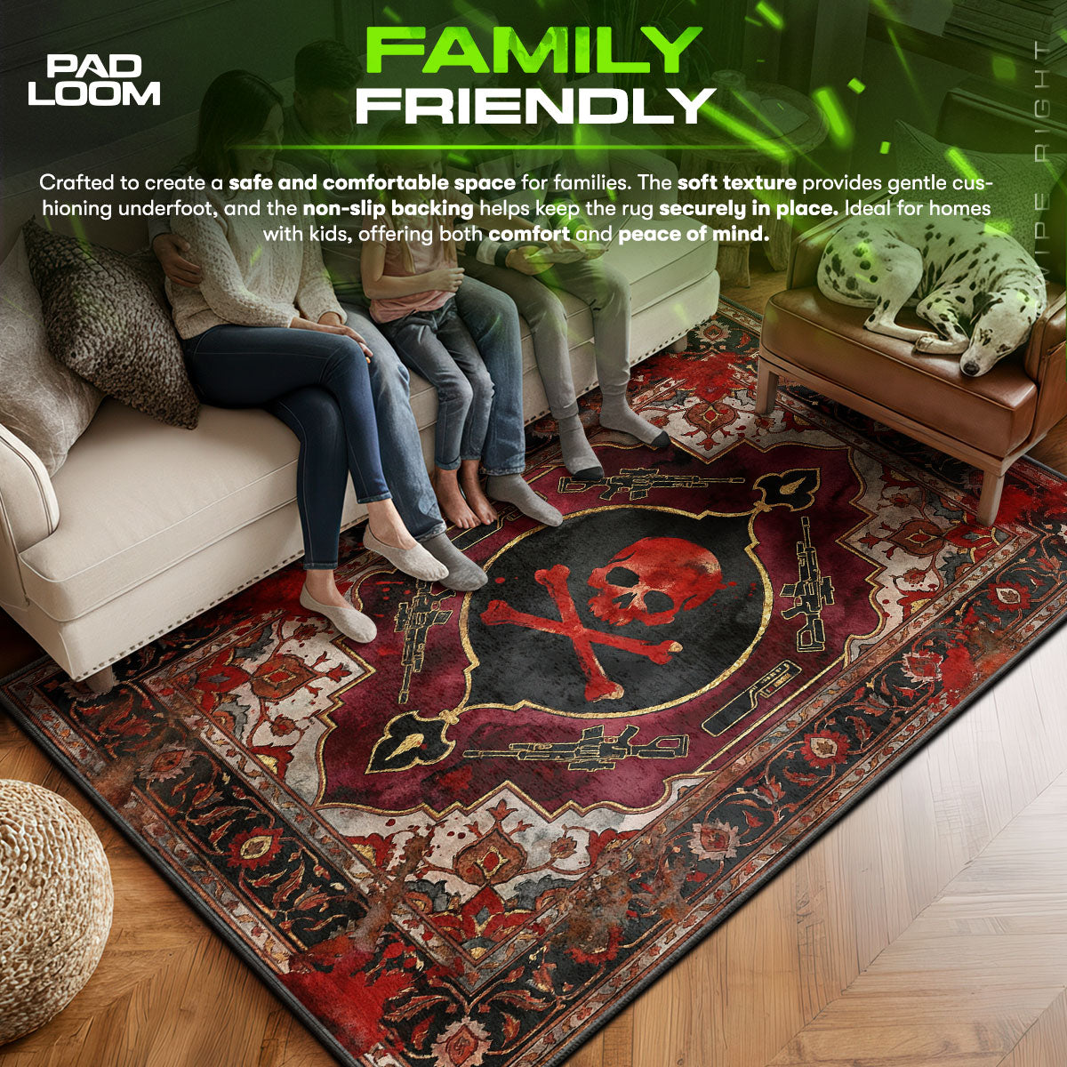 Crimson area rug showing full home decor artwork