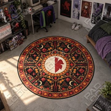 Crimson Lance Evangelion round rug on a bedroom floor - Evangelion chair mat
