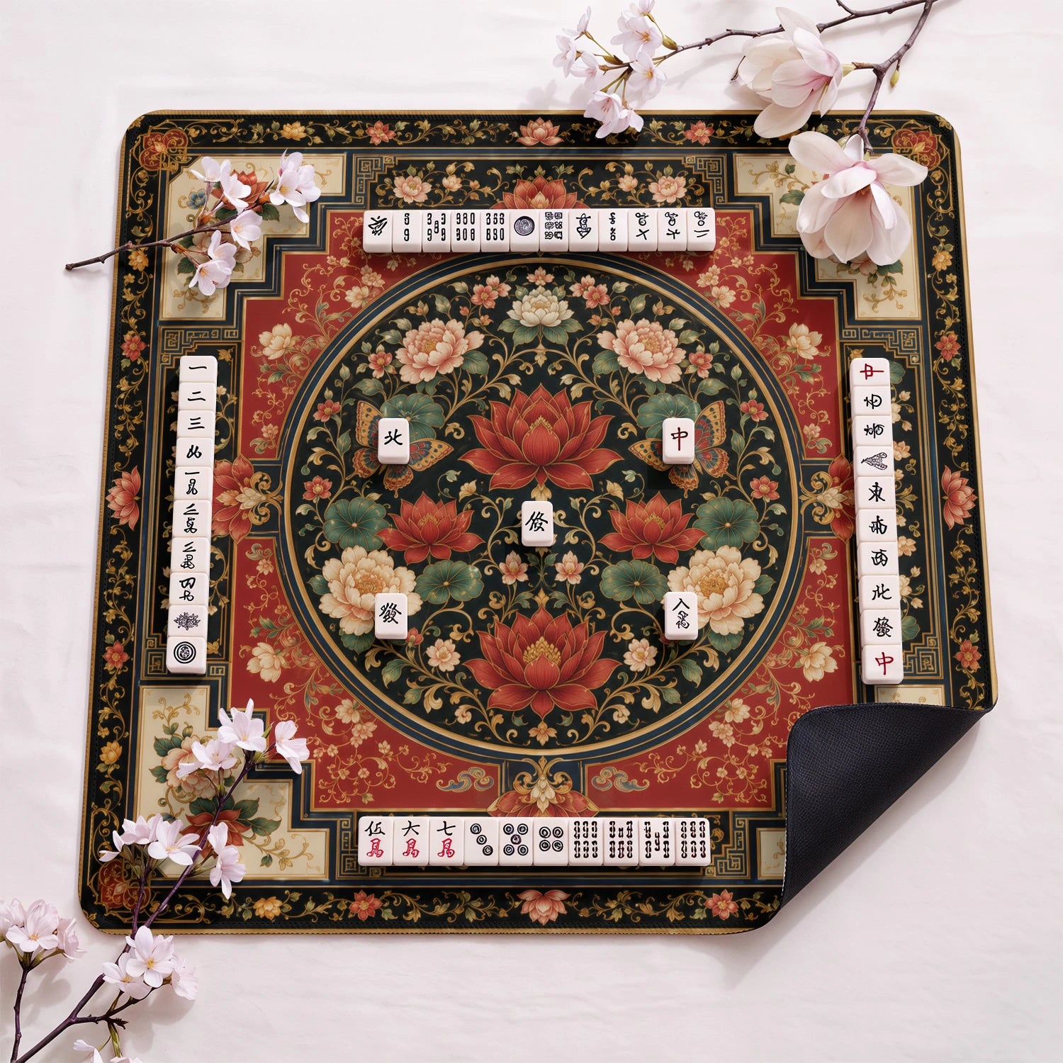 Crimson Lotus design close-up on mahjong mat surface