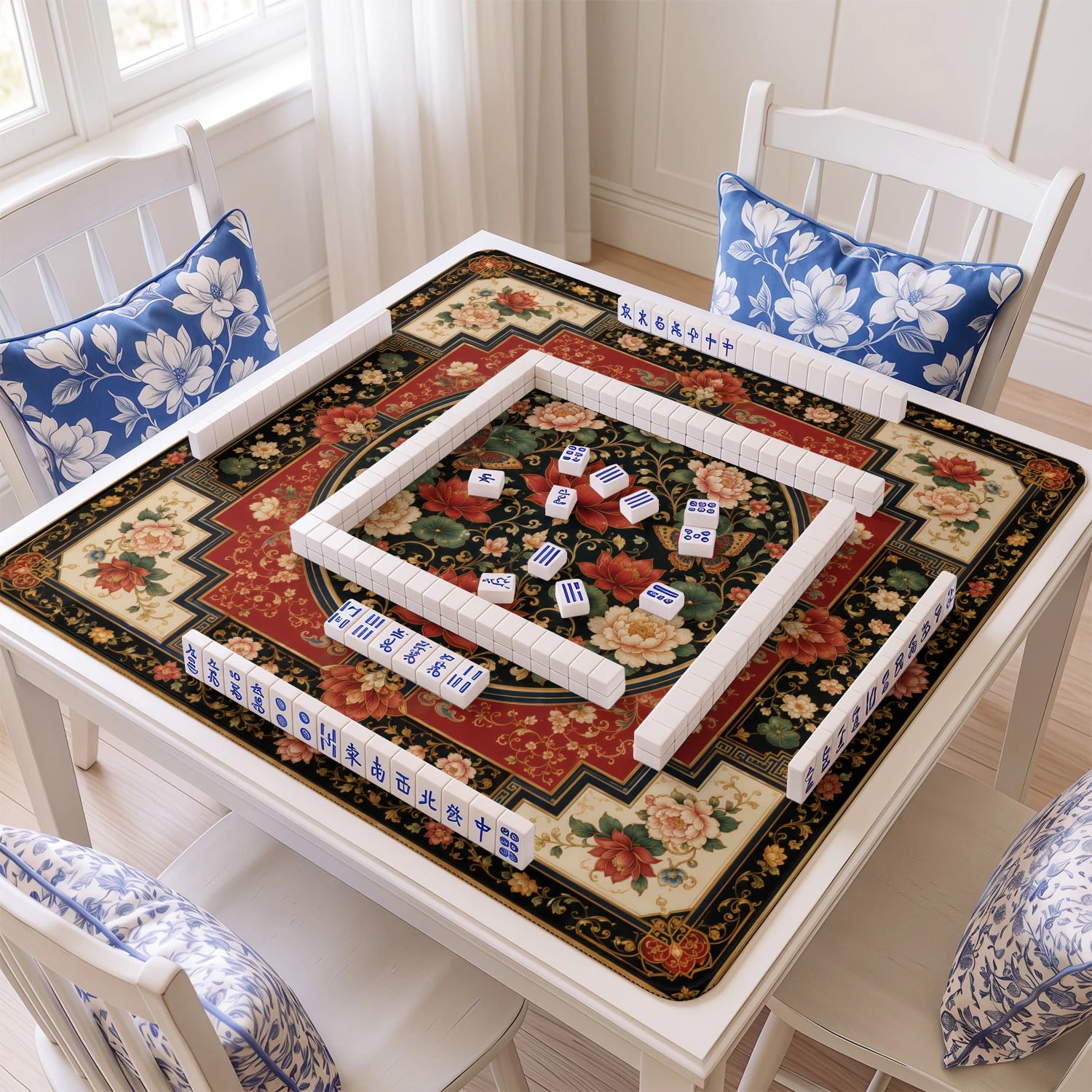 Crimson Lotus mahjong mat with tiles and racks on the table