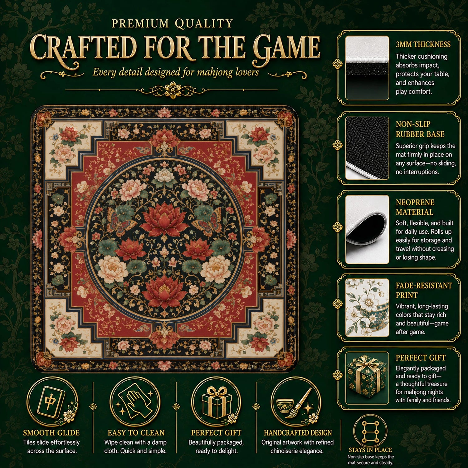 Crimson Lotus Mahjong Mat – neoprene mah jongg table mat