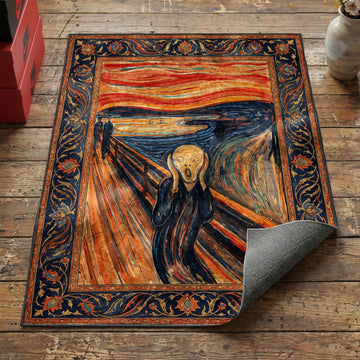 Expressionist crimson scream area rug with screaming figure under red sky and navy vine border