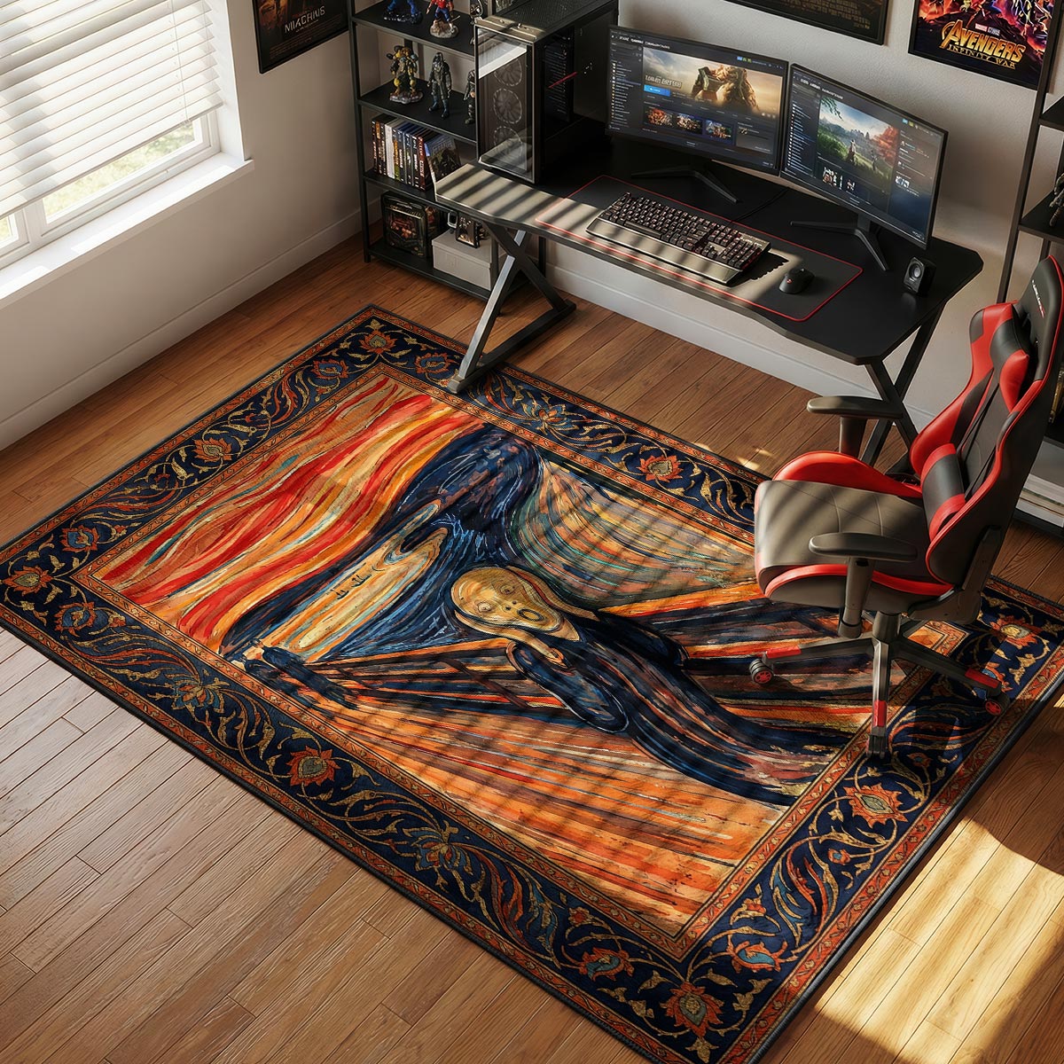 Crimson scream rug placed in a moody study with dark leather chair and warm overhead lamp