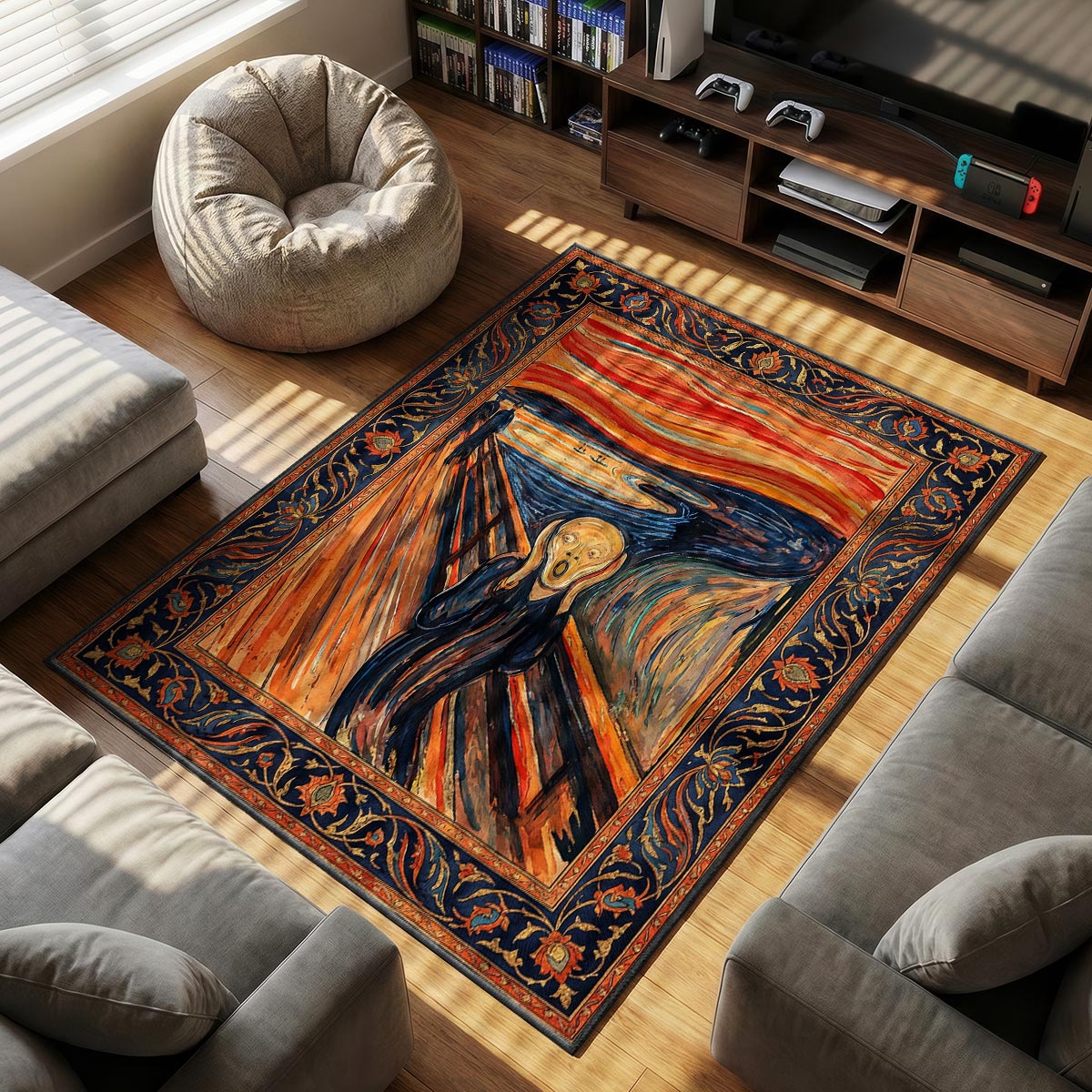 Close-up of crimson scream rug showing swirling red sky bands and bridge perspective on velvet