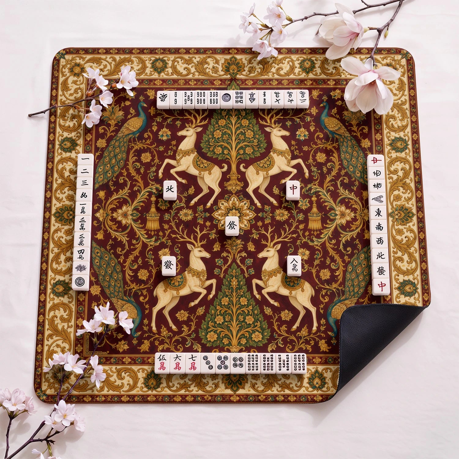 Crimson Stag design close-up on mahjong mat surface