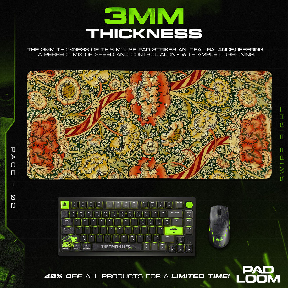 Crimson Tangle Mouse Pad, Art Nouveau Floral Gaming Desk Mat