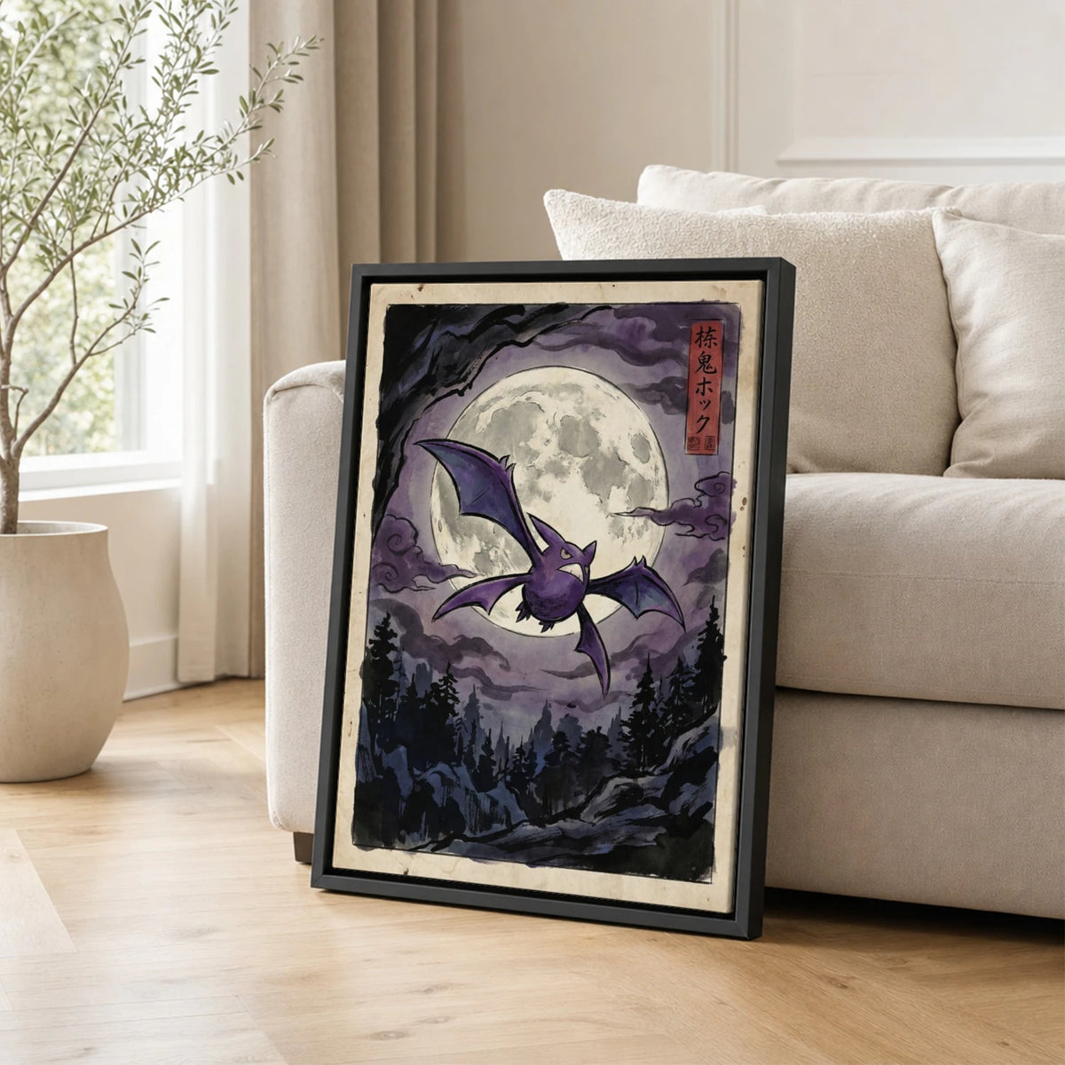 Crobat Moonlit Pokemon poster leaning beside a sofa - living room wall art