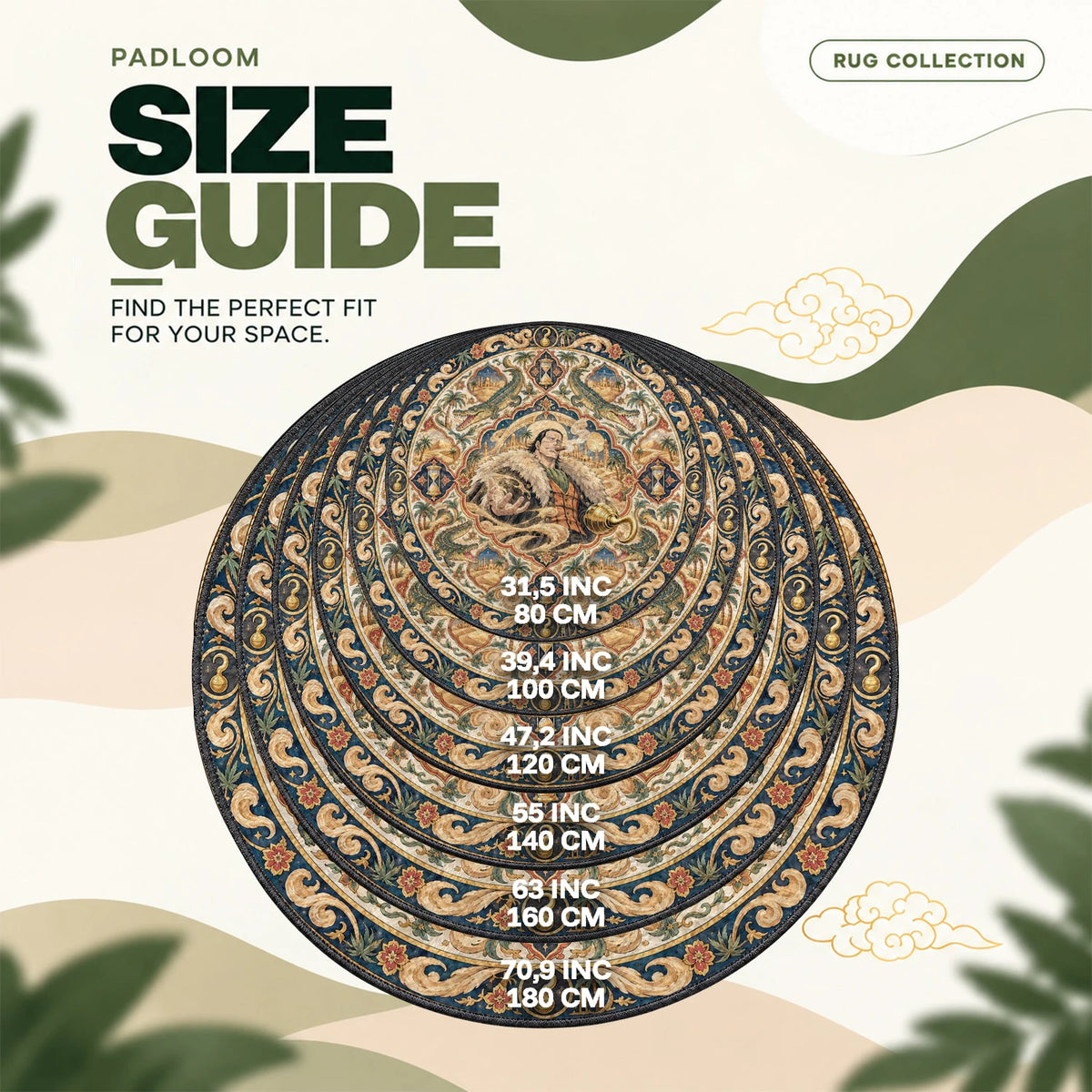 Crocodile Sandstorm round rug size guide, 80 to 180 cm (31.5 to 70.9 in)