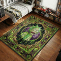 Cromulon stern face Rick and Morty area rug with glowing eyes on purple cosmic tapestry