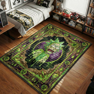Cromulon stern face Rick and Morty area rug with glowing eyes on purple cosmic tapestry