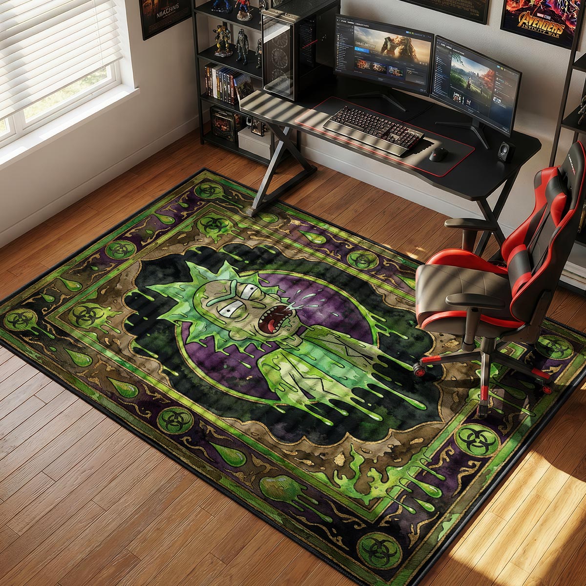 Cromulon cosmic rug placed in a home theater room with dark walls and purple LED backlighting