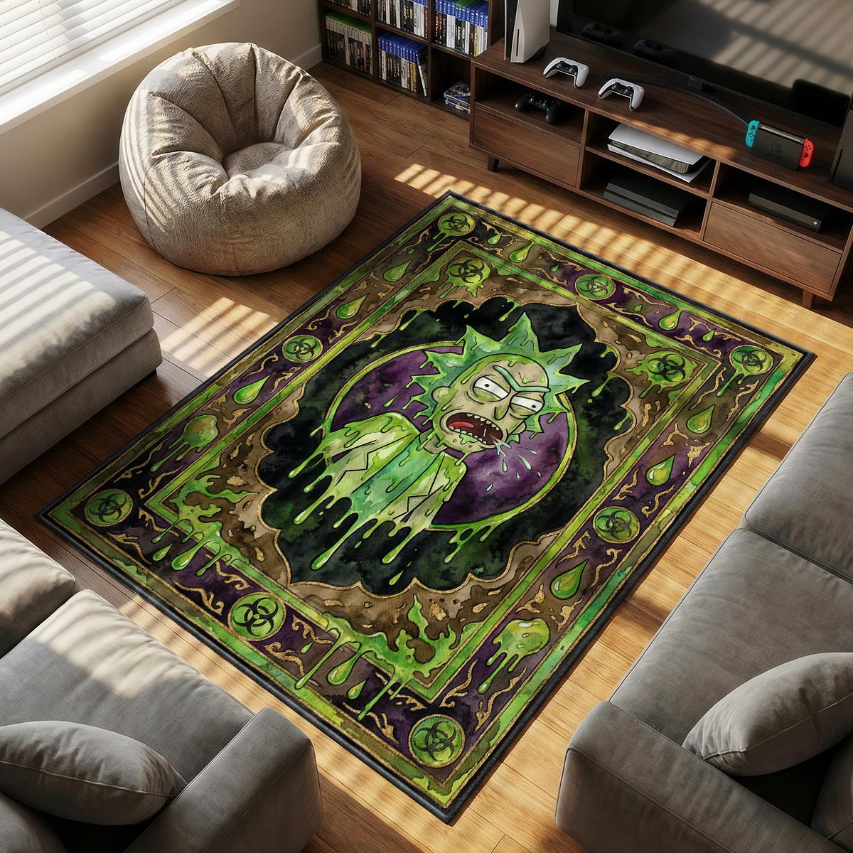 Close-up of Cromulon cosmic area rug showing golden face glow and purple nebula velvet texture