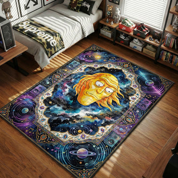 Cromulon giant head Rick and Morty area rug with planets and speakers on purple cosmic tapestry
