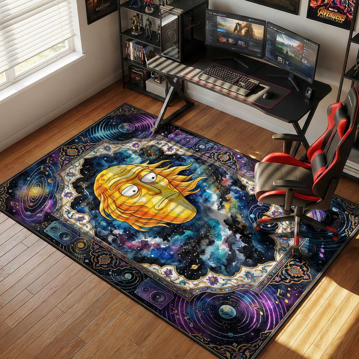 Cromulon rug displayed in a dark media room with purple ambient lighting and speakers