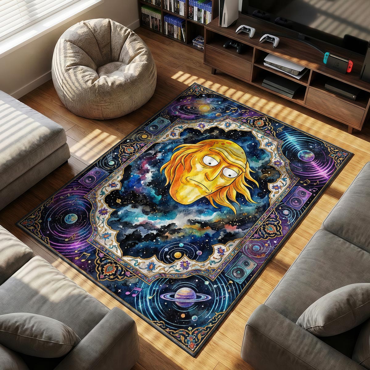 Close-up of Cromulon area rug showing golden face detail and purple nebula dye-sublimation