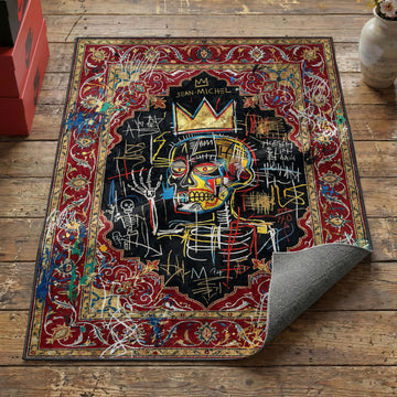 Neo-expressionist crowned skull area rug with gold crown and graffiti on black and red ornamental field