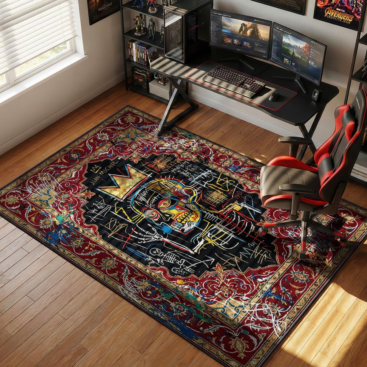 Crowned skull rug placed in an urban apartment with concrete floor and street art on walls