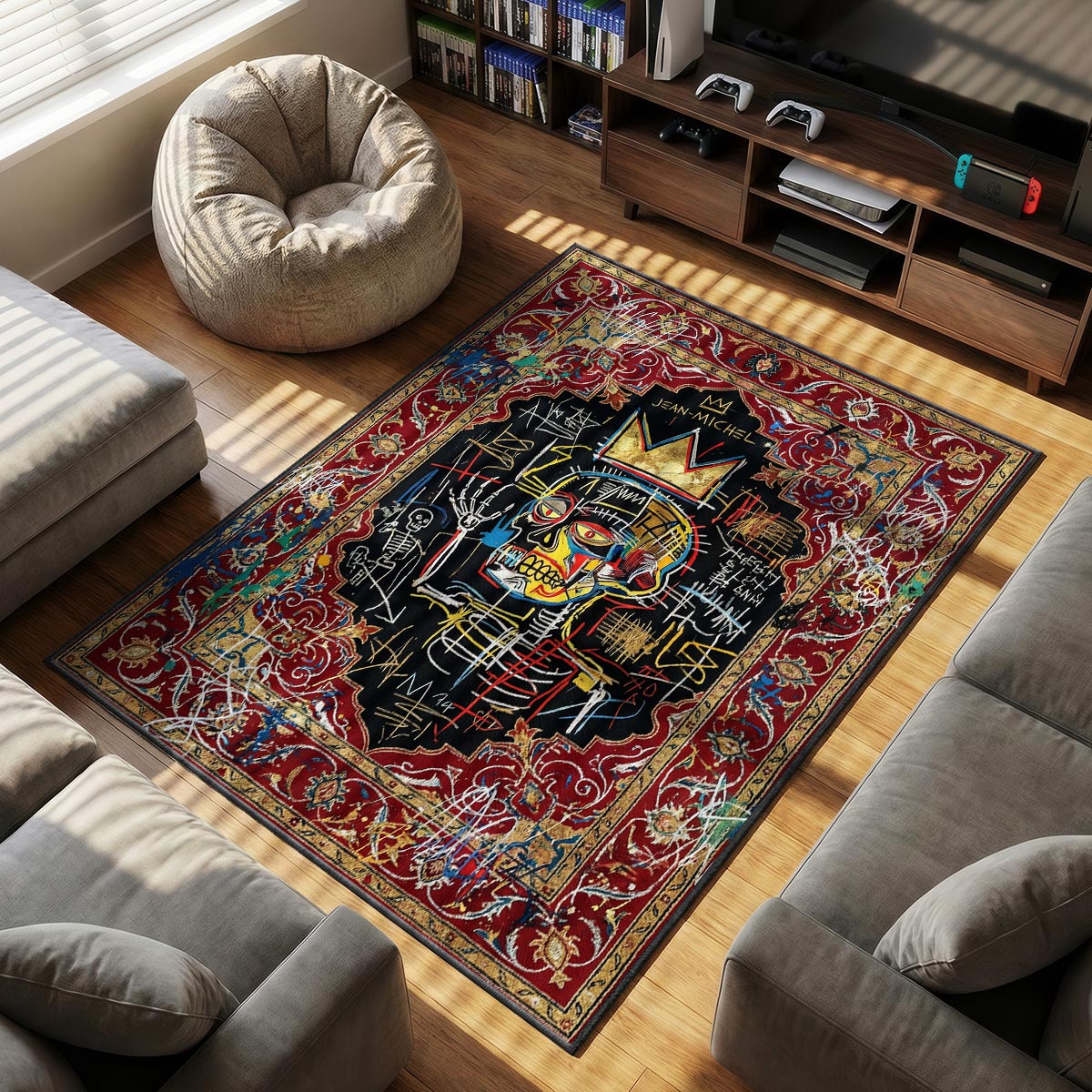 Close-up of crowned skull rug showing gold crown detail and scratched text on velvet surface