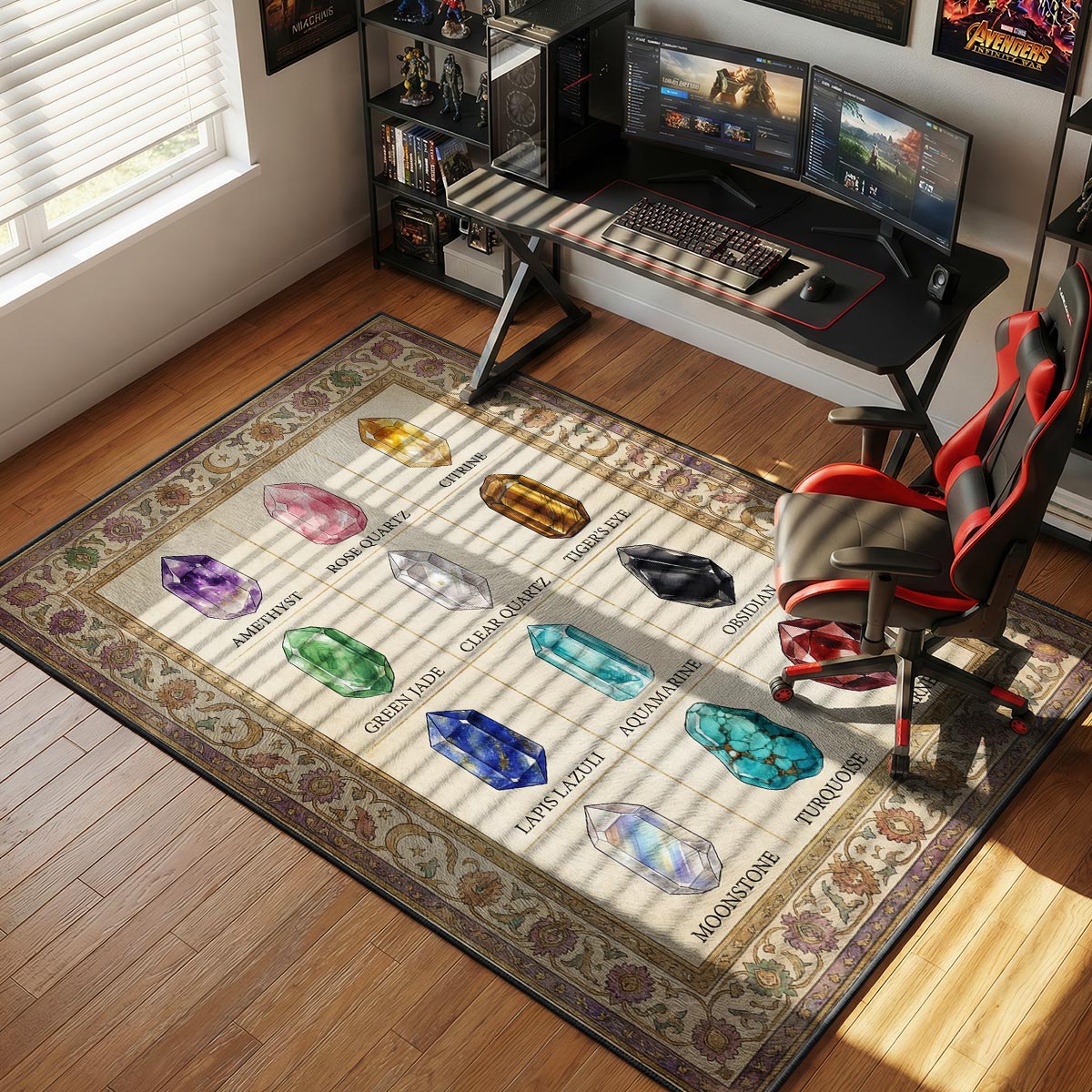 Crystal collection kitchen rug placed on light tile floor near a white cabinet