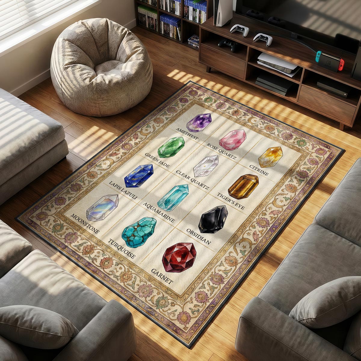 Close-up of crystal gemstone mat showing watercolor illustration detail and velvet surface texture