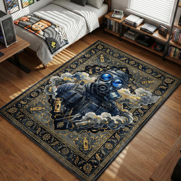 CT Operator wearing gas mask with blue eyes in smoke with wire cutters gaming area rug and floor mat