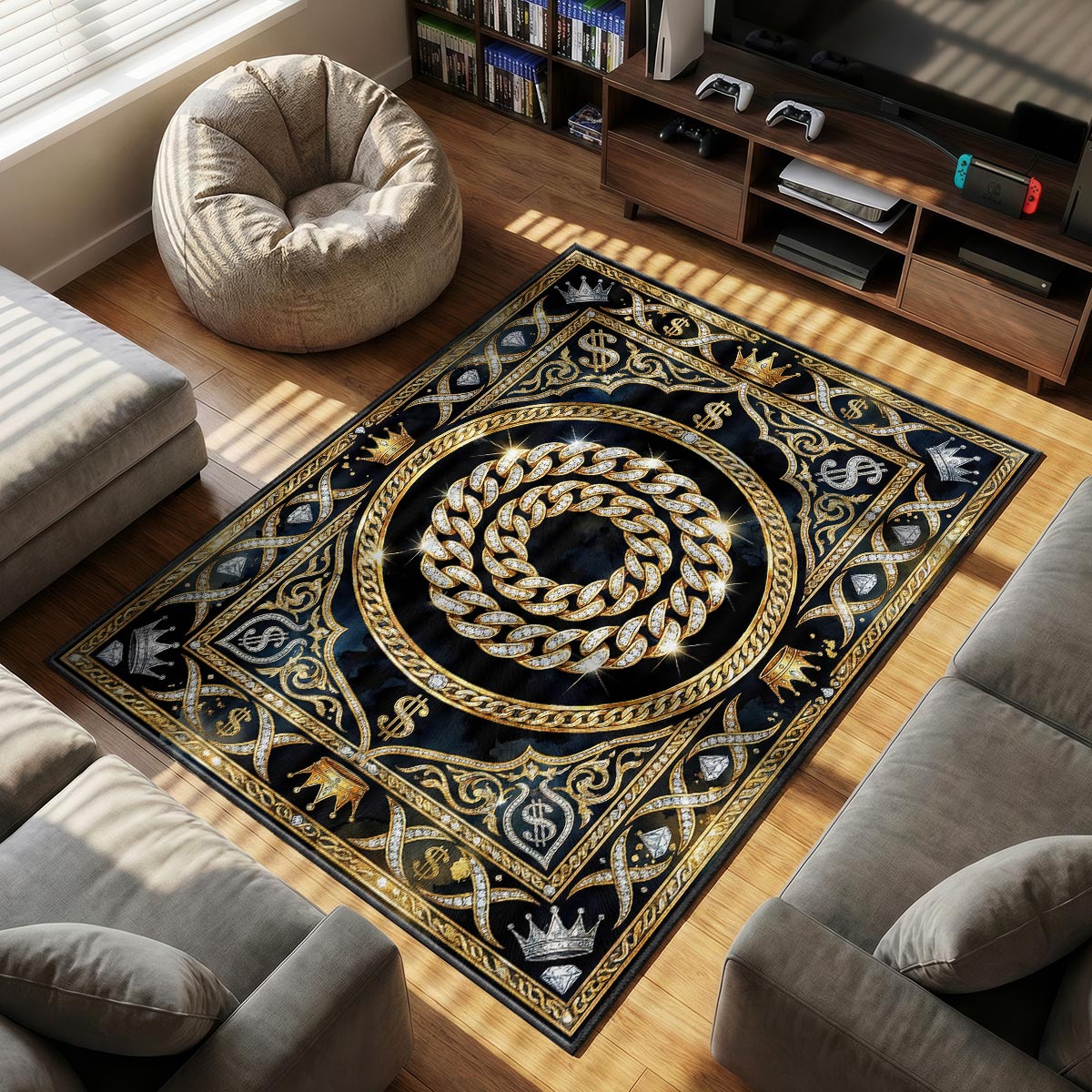 Cuban Link themed area rug for home decor fans