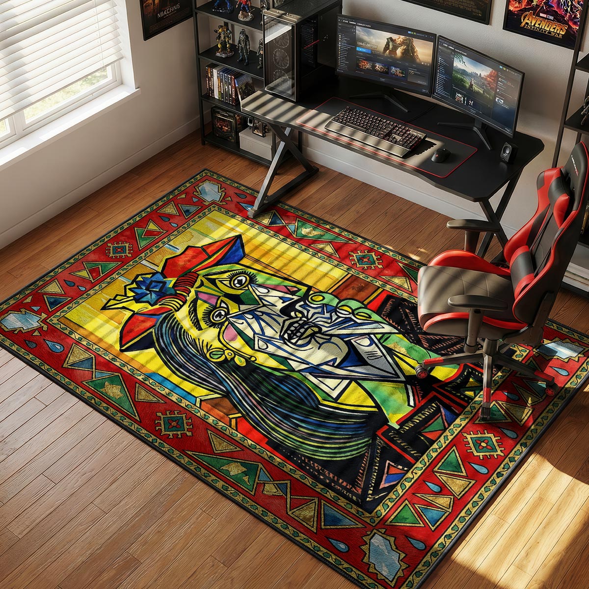 Cubist portrait rug placed in an artist studio with white walls and simple modern easel