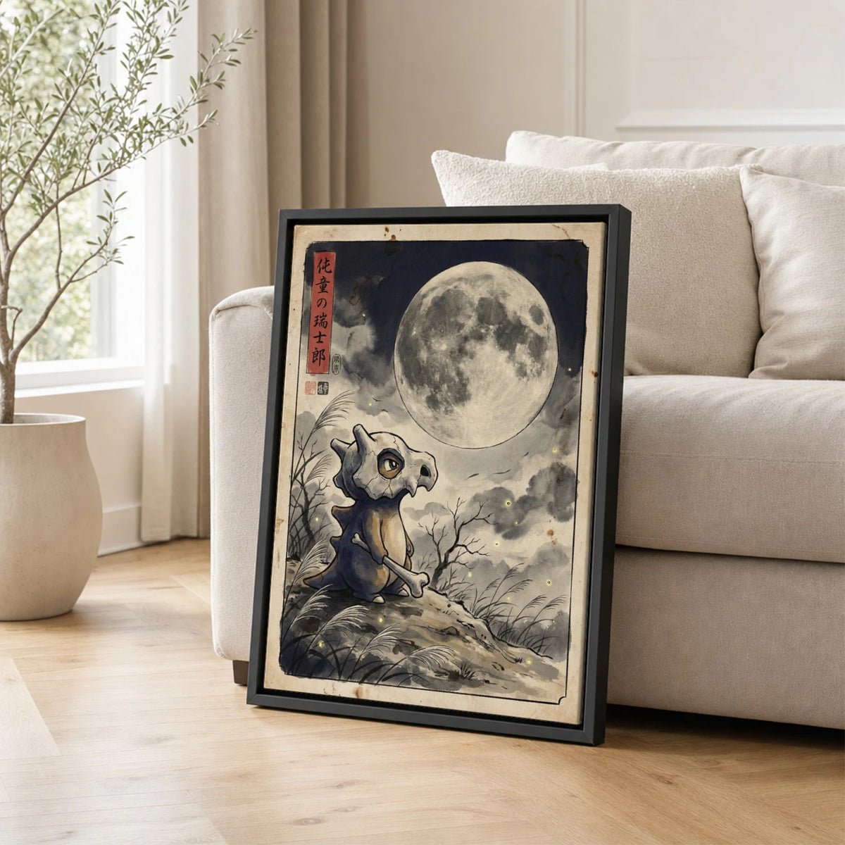 Cubone Moonlit Pokemon poster leaning beside a sofa - living room wall art