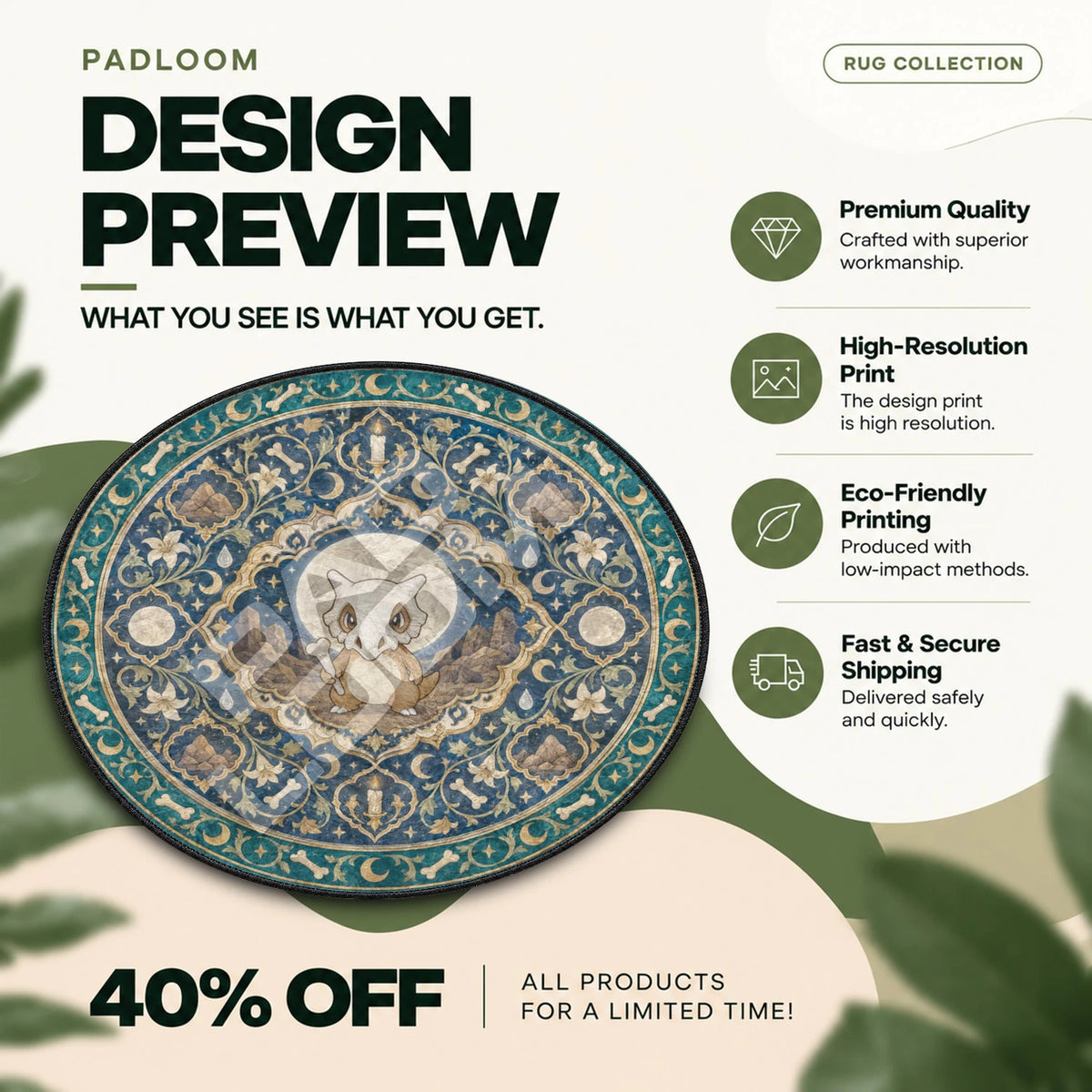 Cubone Moonlit Pokemon round rug full design preview