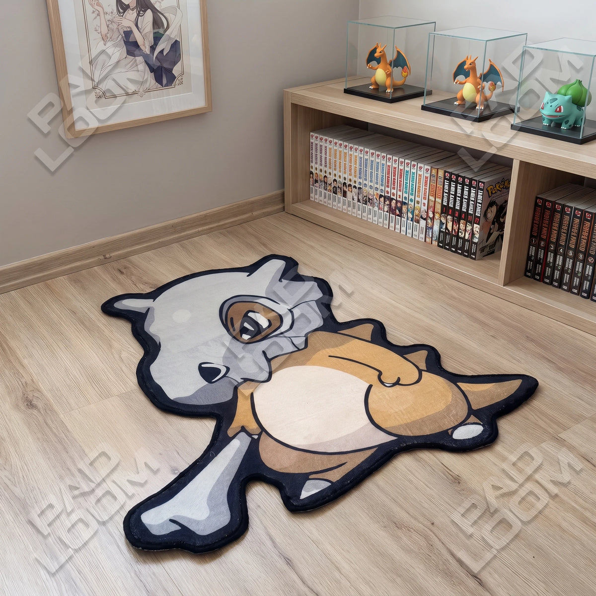Cubone shaped rug shown in a room setting