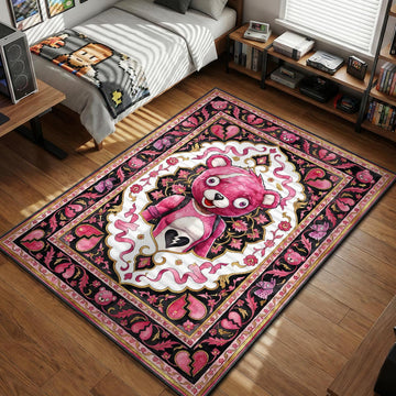 Fortnite Cuddle Team Leader pink bear surrounded by broken hearts and ribbons in a gothic ornamental style gaming area rug and floor mat