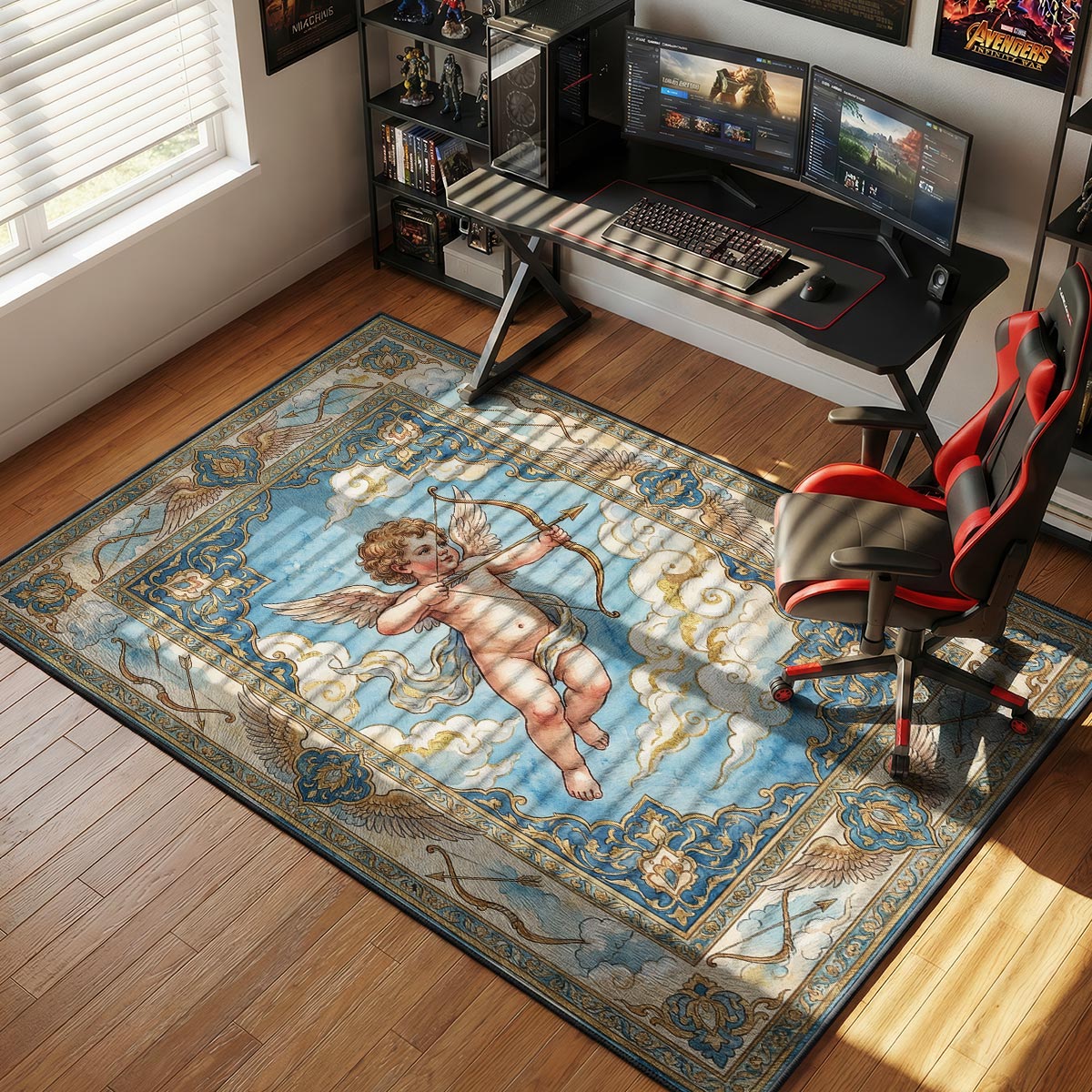 Cupid arrow rug placed in a bright romantic bedroom with cream furniture and gold accents