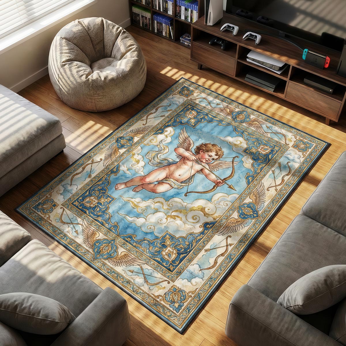 Detail of Cupid rug showing Renaissance skin tone and feather wing texture on plush surface
