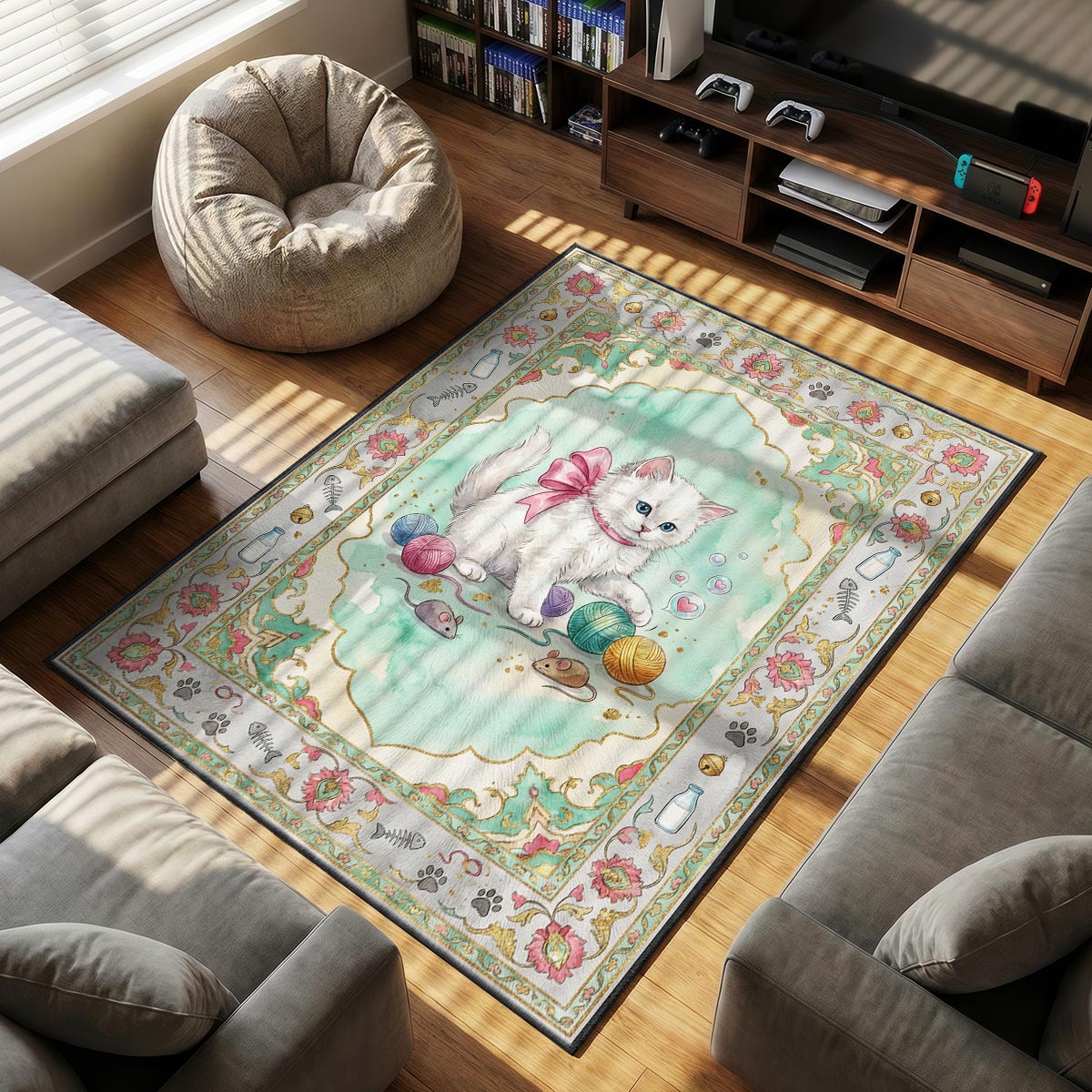 Cute Kitten Yarn Play Rug - Kids Floor Mat