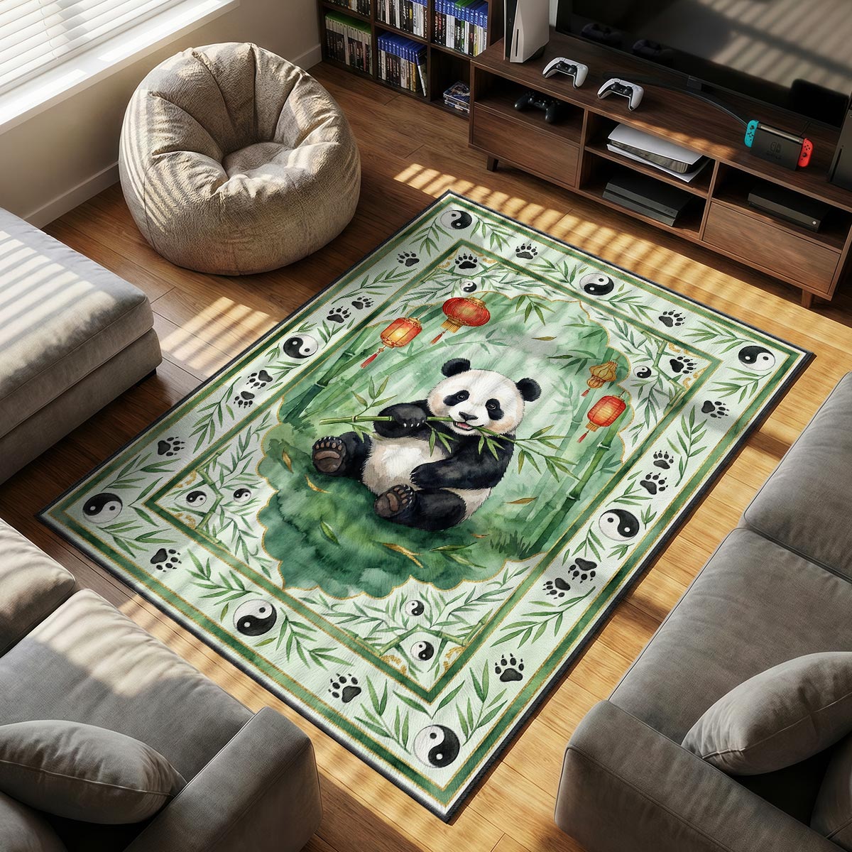 Cute Panda Bamboo Rug - Asian Theme Kids Room Mat