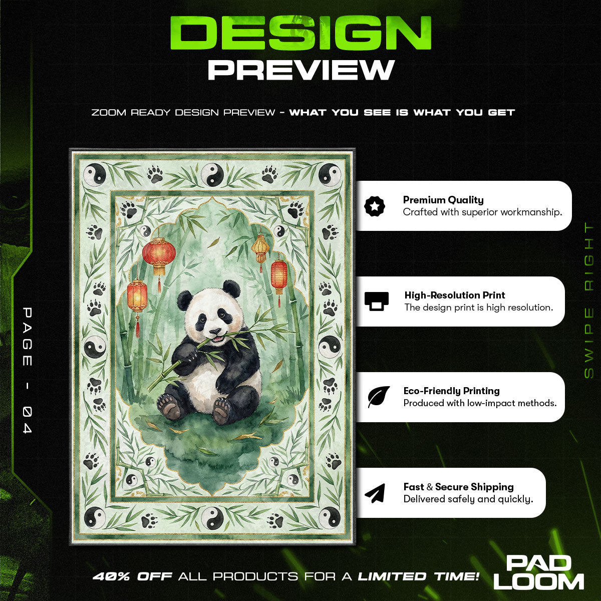 Cute Panda Bamboo Rug - Asian Theme Kids Room Mat