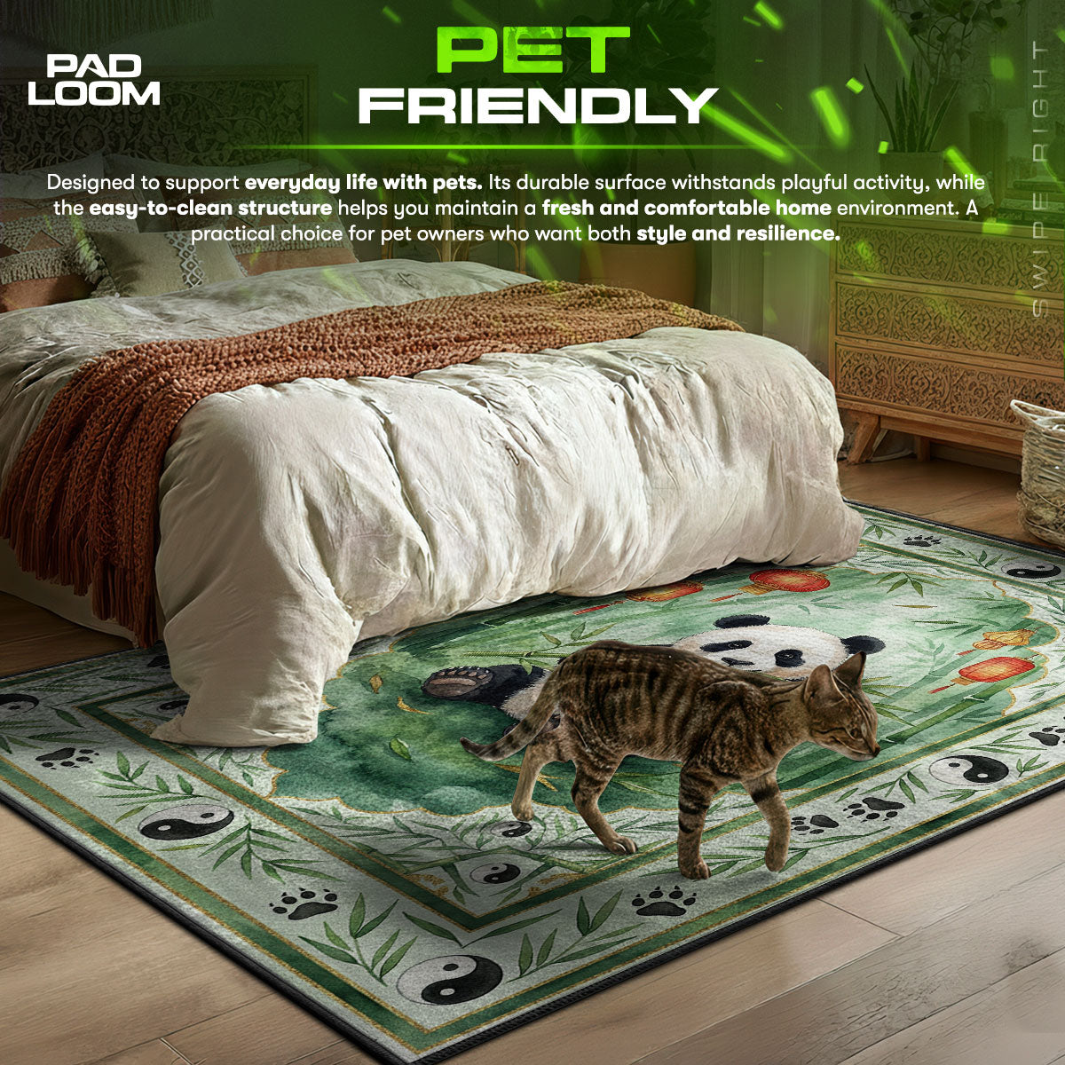 Cute Panda Bamboo Rug - Asian Theme Kids Room Mat