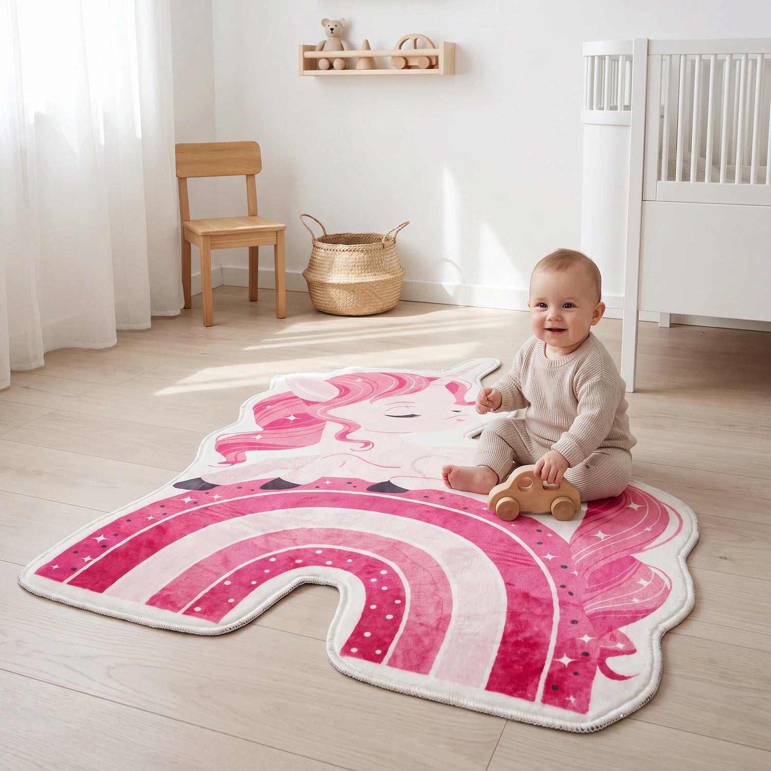 Cute Unicorn shaped rug shown in a room setting