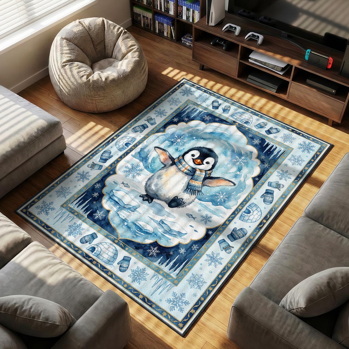 Cute Winter Penguin Rug - Kids Room Floor Mat