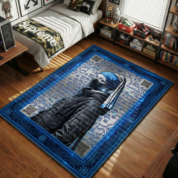 Girl with a Pearl Earring Cyberpunk Vermeer Techwear blue silver circuit board hypebeast area rug