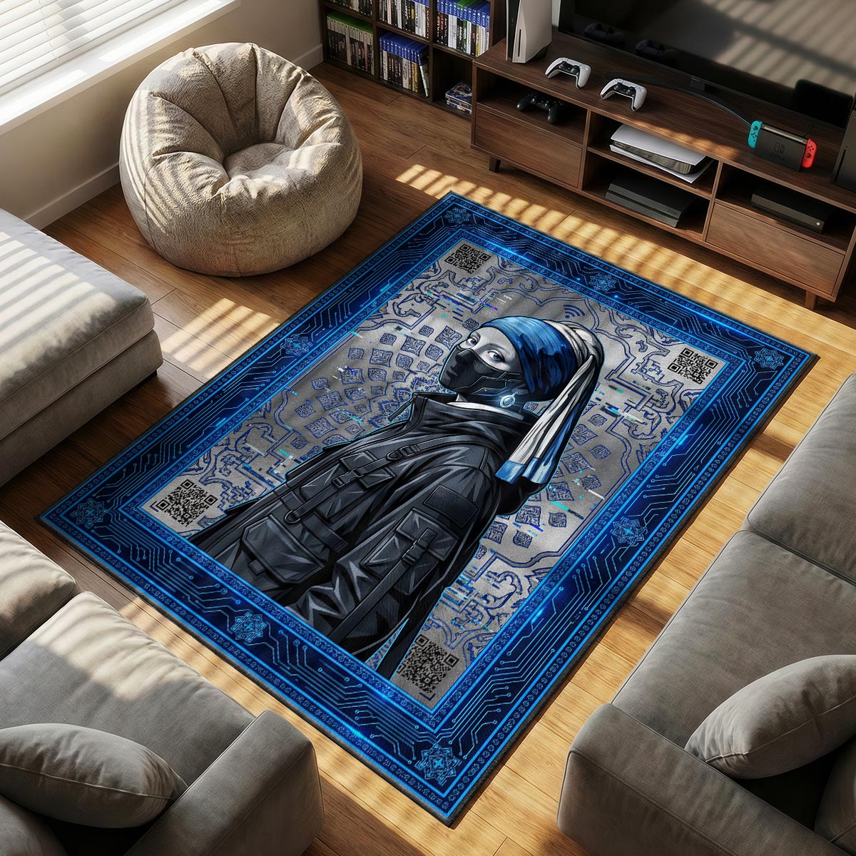 Girl Pearl themed area rug for Cyberpunk fans