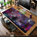 Cyberpunk Mouse Pad, Neon Skyline Gamer Desk Mat Padloom