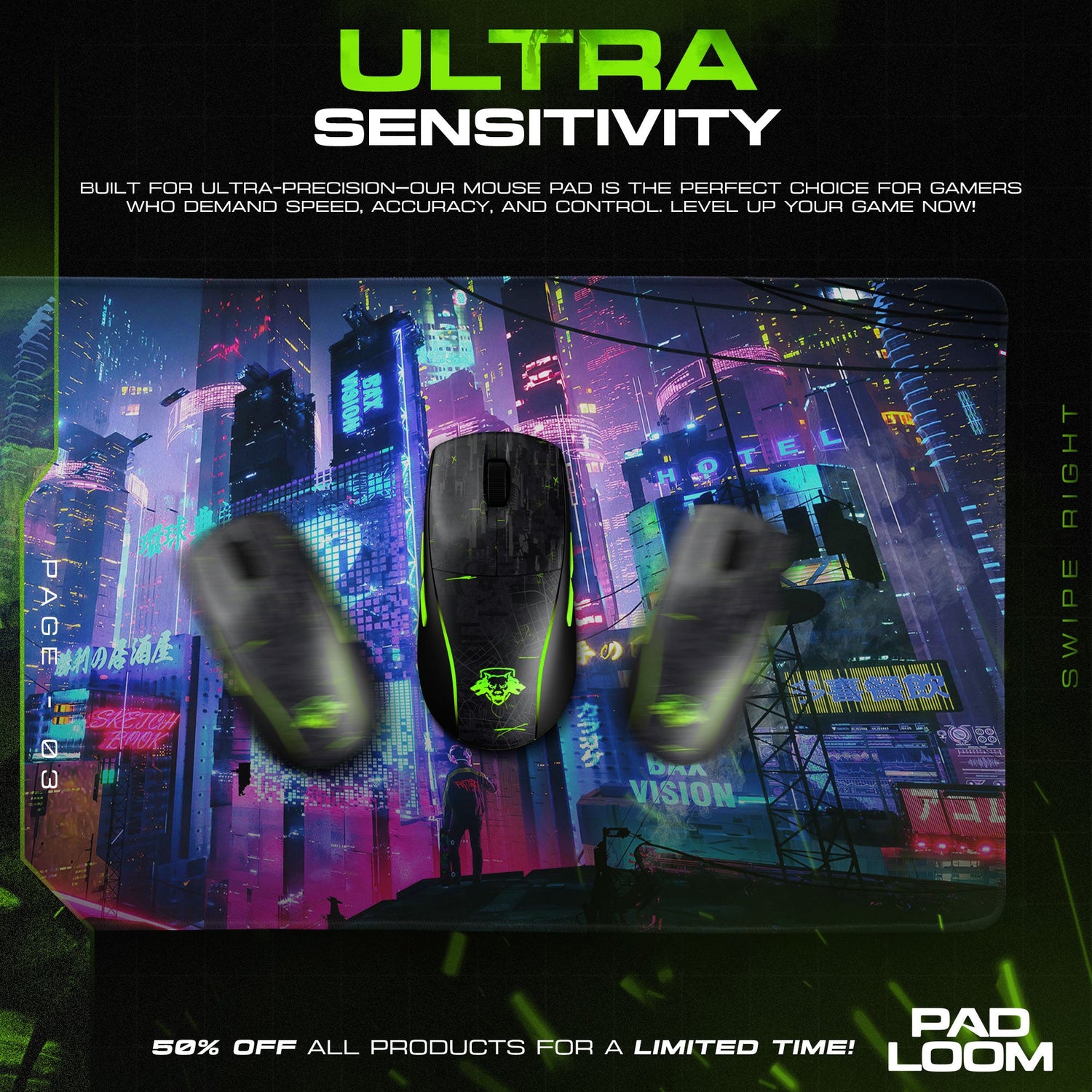 Cyberpunk Neon City Mouse Pad, Gamer Desk Mat Padloom