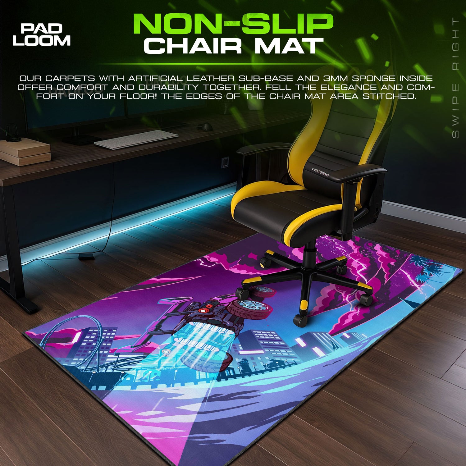 Neon desk mat showing full Cyberpunk artwork
