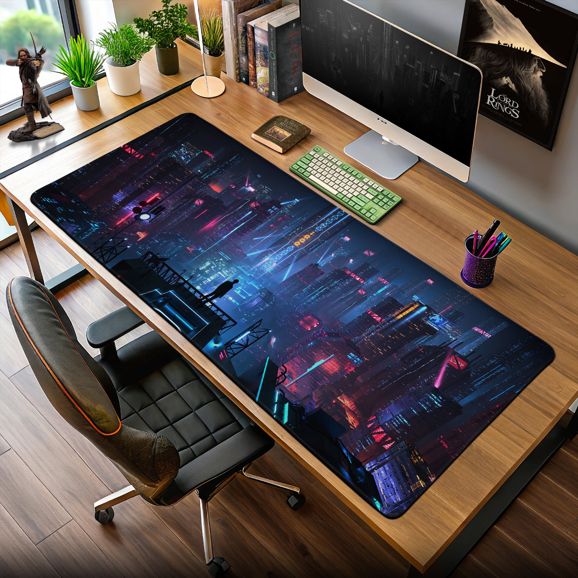 Cyberpunk Neon Skyline Vigil Mouse Pad – Gaming Desk Mat