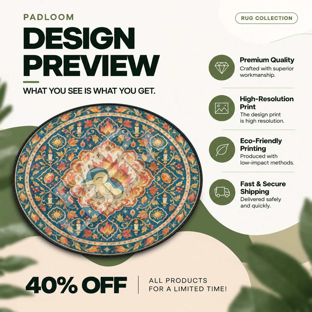 Cyndaquil Candlelit Pokemon round rug full design preview