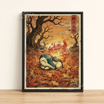 Cyndaquil Sleeping Pokemon poster - framed canvas wall art in a black frame